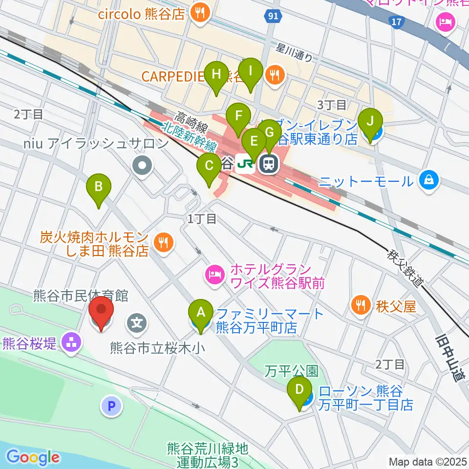 熊谷市立市民体育館周辺のコンビニエンスストア一覧地図
