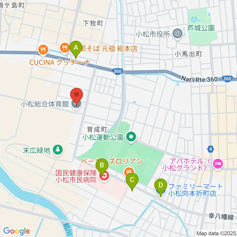 小松総合体育館周辺のコンビニエンスストア一覧地図