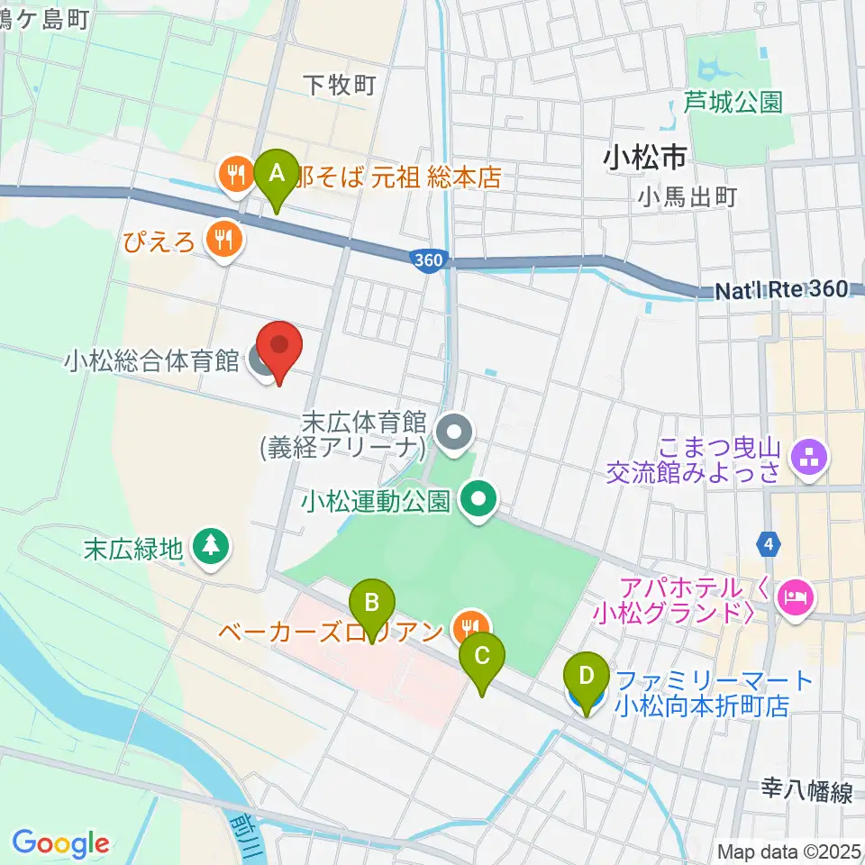 小松総合体育館周辺のコンビニエンスストア一覧地図