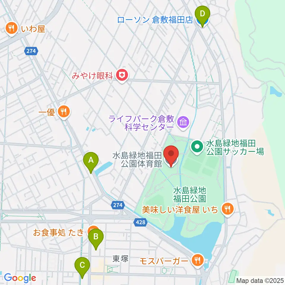水島緑地福田公園体育館周辺のコンビニエンスストア一覧地図