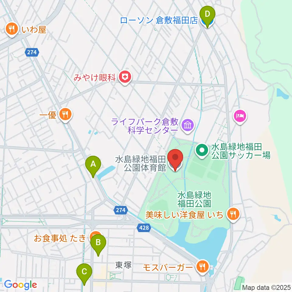 水島緑地福田公園体育館周辺のコンビニエンスストア一覧地図