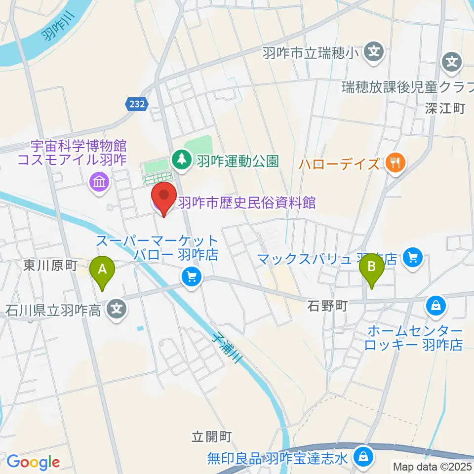 羽咋市歴史民俗資料館周辺のコンビニエンスストア一覧地図