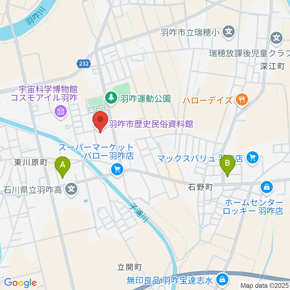 羽咋市歴史民俗資料館周辺のコンビニエンスストア一覧地図
