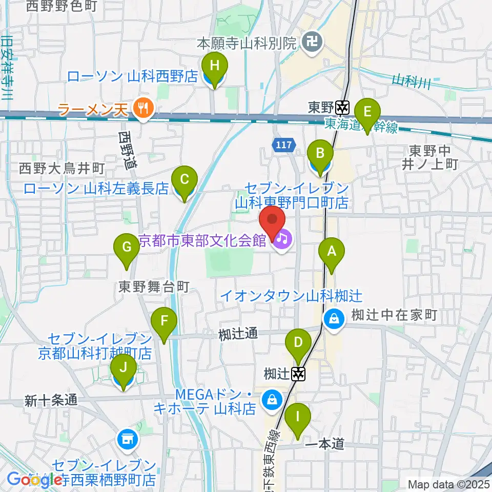 山科地域体育館周辺のコンビニエンスストア一覧地図
