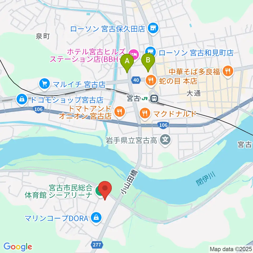 宮古市民総合体育館シーアリーナ周辺のコンビニエンスストア一覧地図