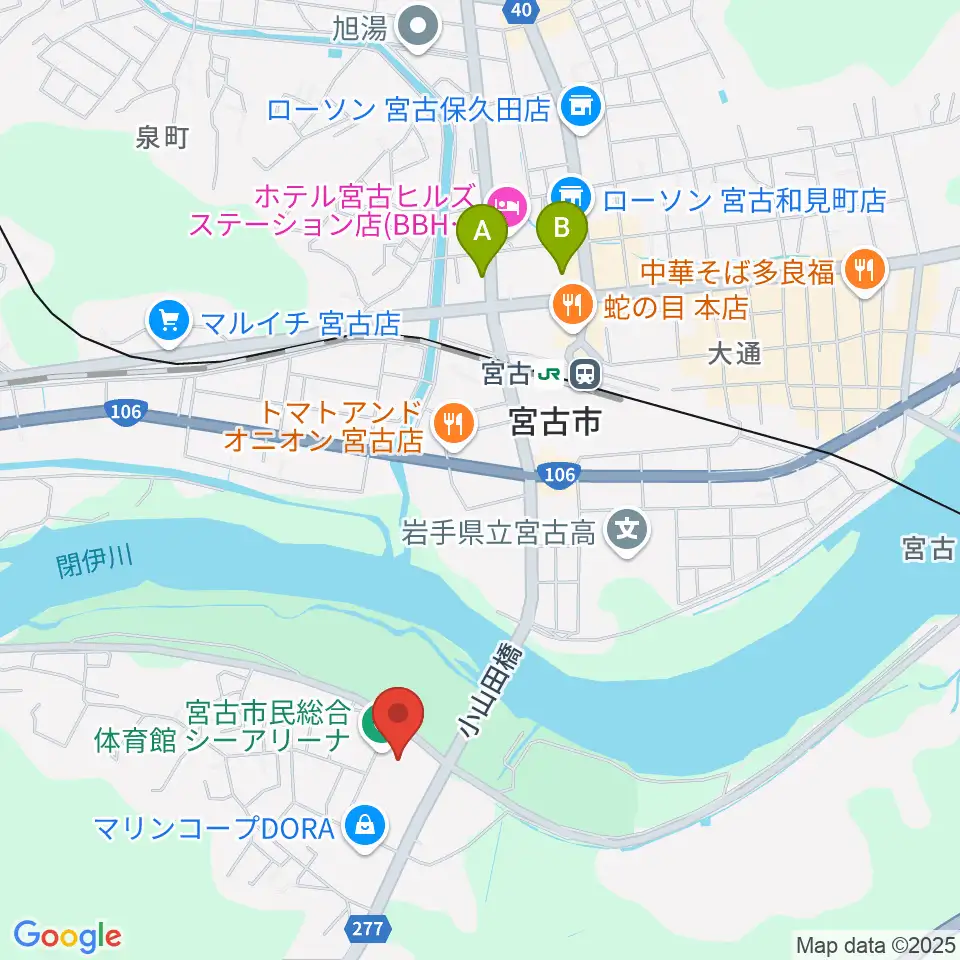 宮古市民総合体育館シーアリーナ周辺のコンビニエンスストア一覧地図