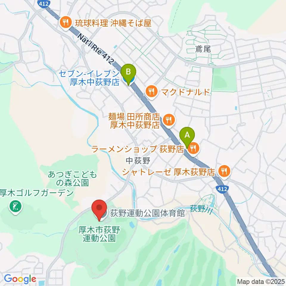 荻野運動公園体育館周辺のコンビニエンスストア一覧地図