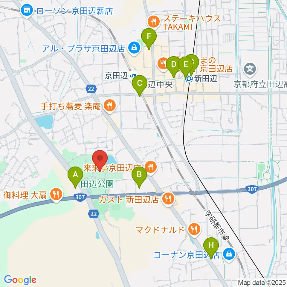 京田辺市田辺中央体育館周辺のコンビニエンスストア一覧地図