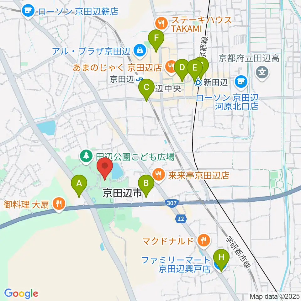 京田辺市田辺中央体育館周辺のコンビニエンスストア一覧地図