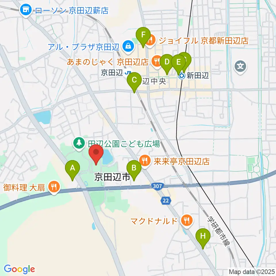 京田辺市田辺中央体育館周辺のコンビニエンスストア一覧地図