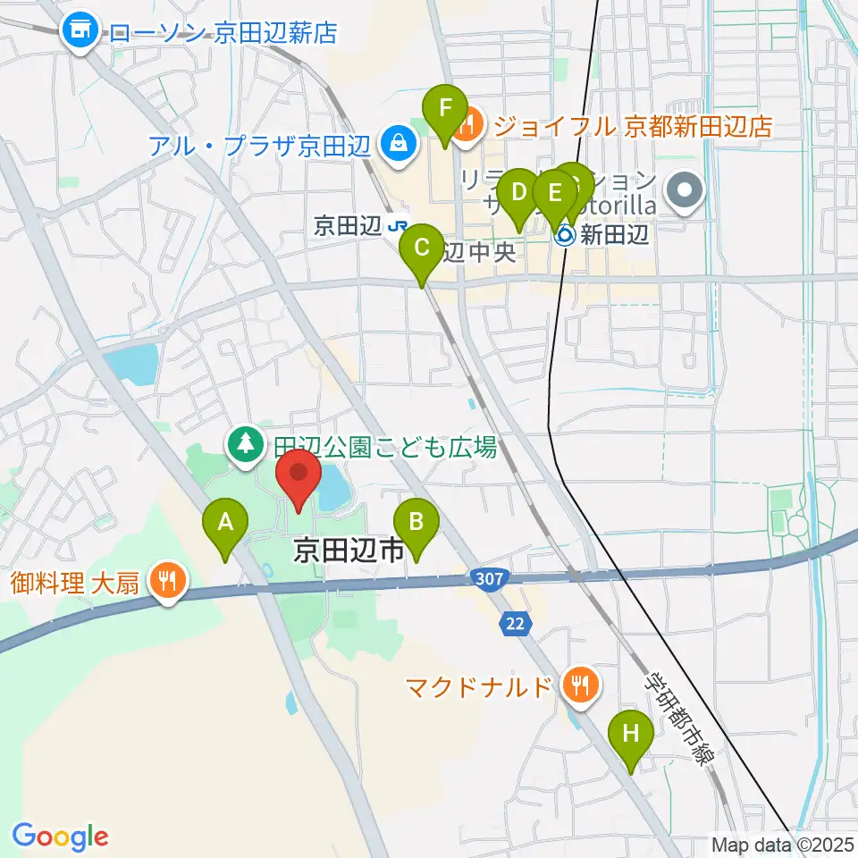 京田辺市田辺中央体育館周辺のコンビニエンスストア一覧地図