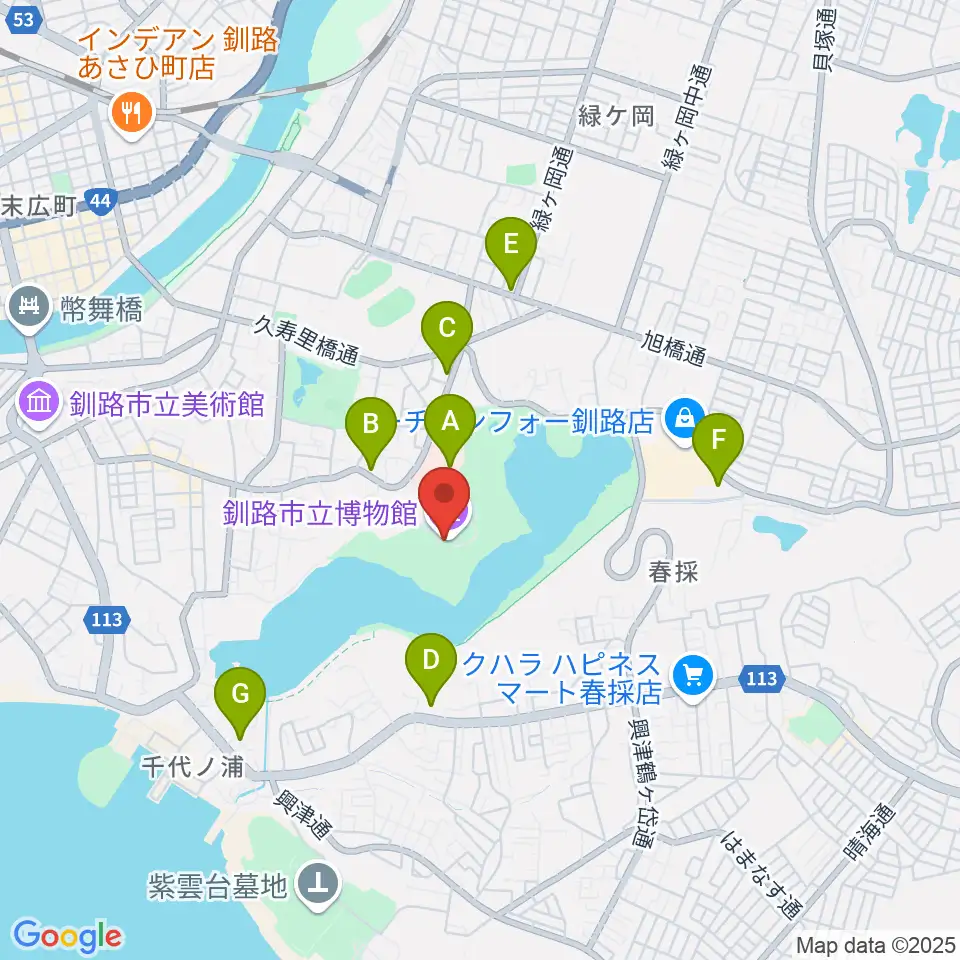 釧路市立博物館周辺のコンビニエンスストア一覧地図
