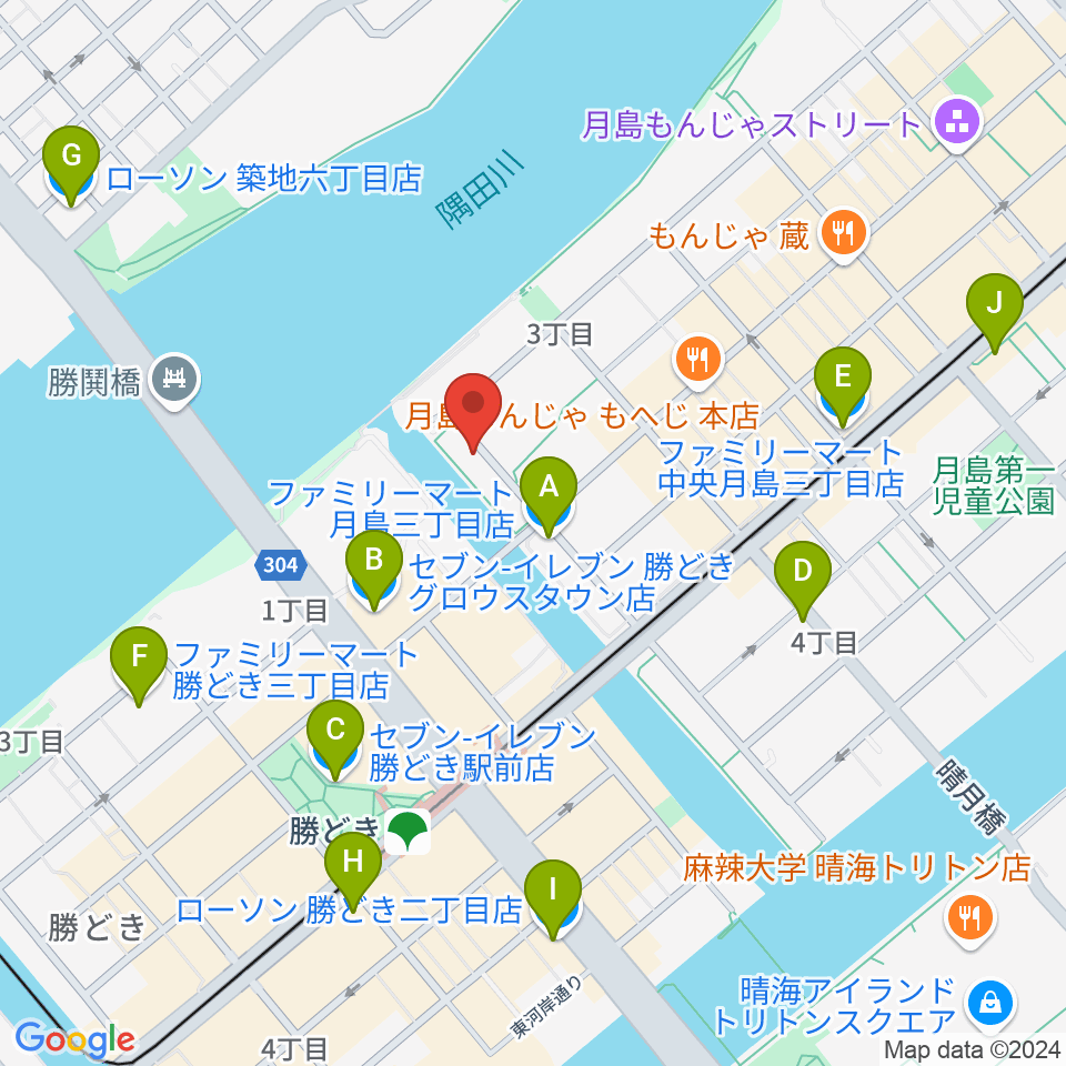 月島ピアノアートサロン周辺のコンビニエンスストア一覧地図