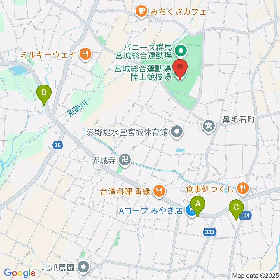 バニーズ群馬宮城総合運動場競技場周辺のコンビニエンスストア一覧地図