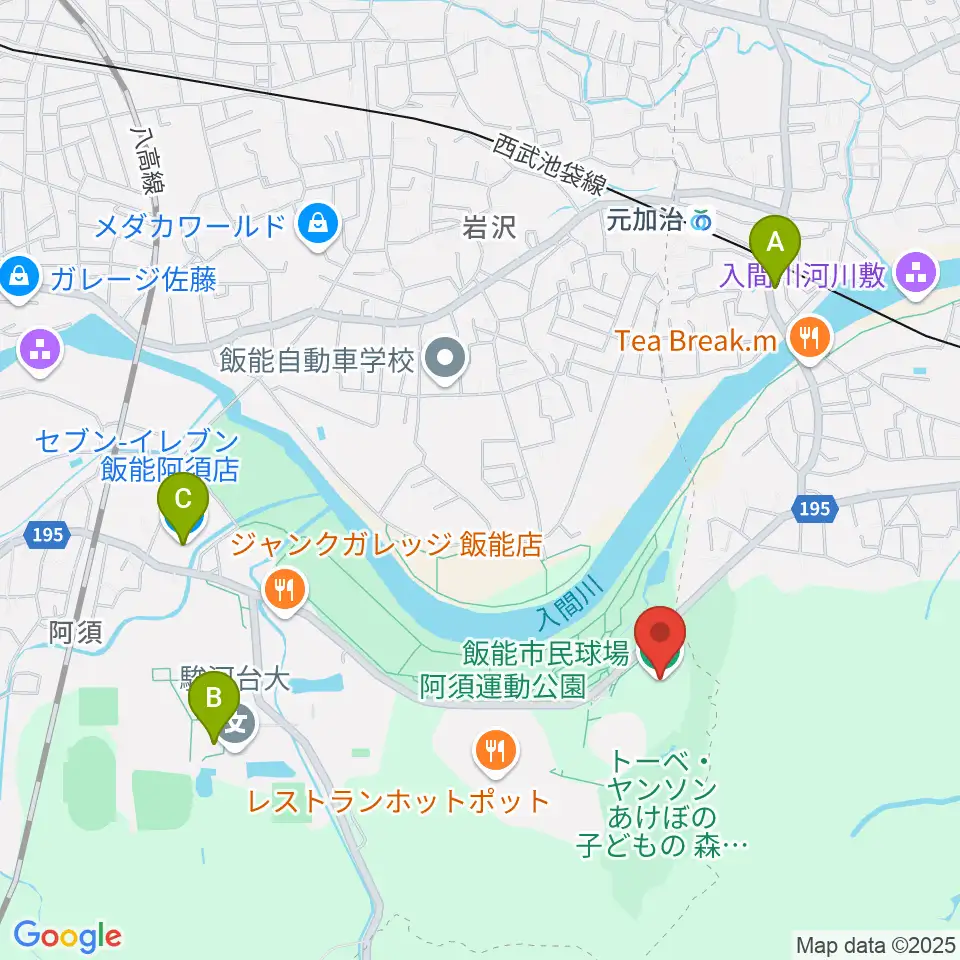 飯能市民球場周辺のコンビニエンスストア一覧地図