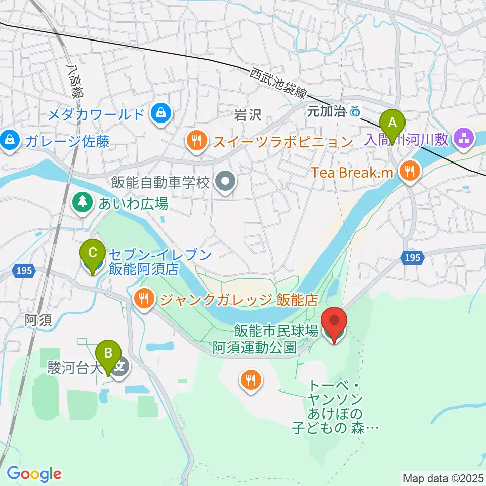 飯能市民球場周辺のコンビニエンスストア一覧地図