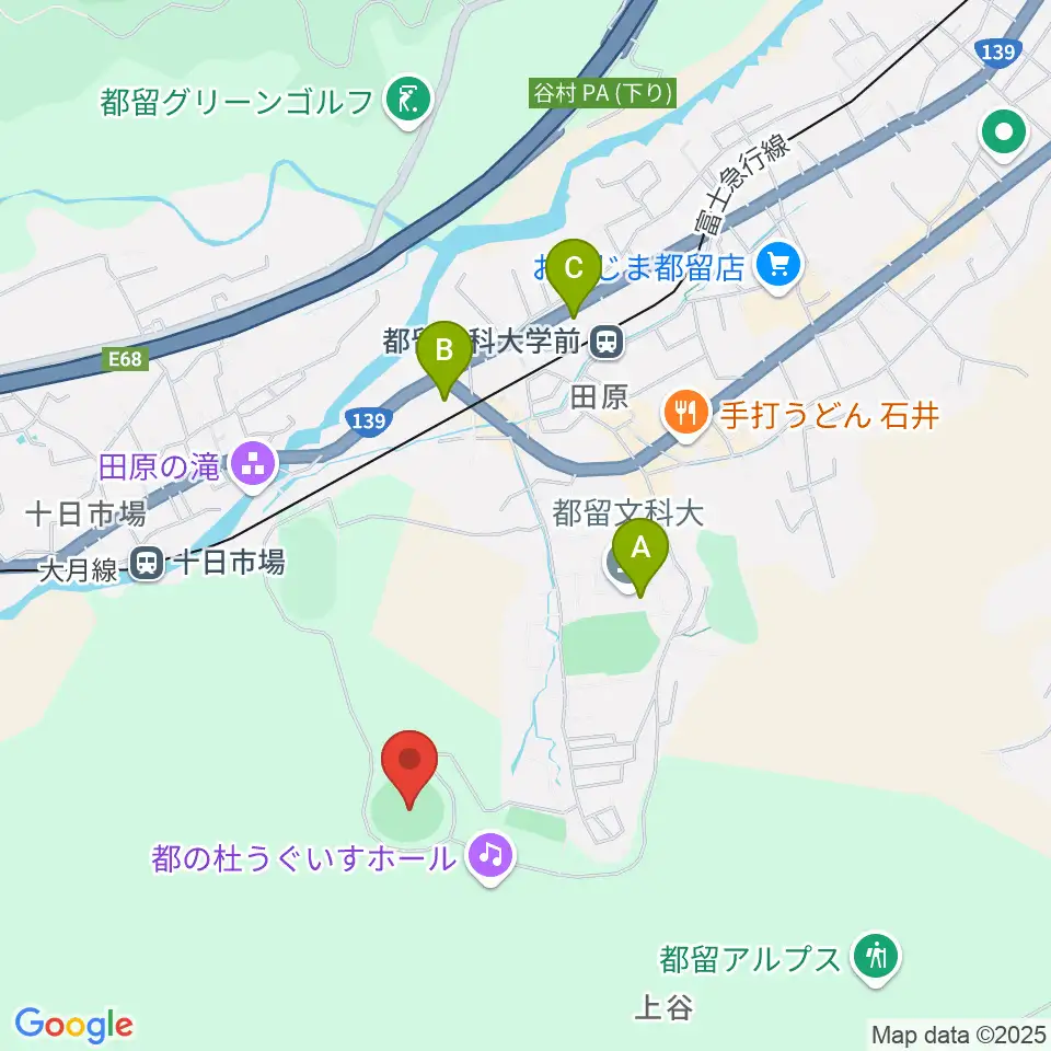 都留市総合運動公園楽山球場周辺のコンビニエンスストア一覧地図