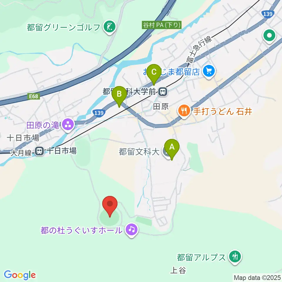 都留市総合運動公園楽山球場周辺のコンビニエンスストア一覧地図