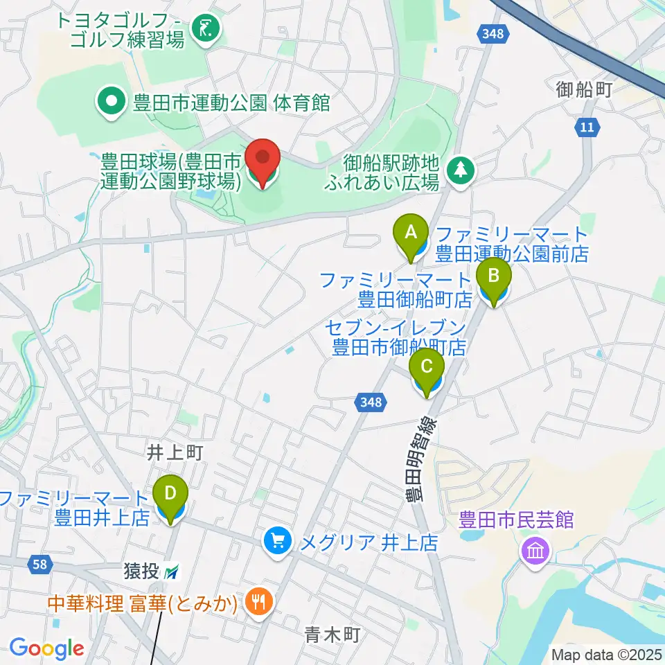 豊田市運動公園野球場周辺のコンビニエンスストア一覧地図