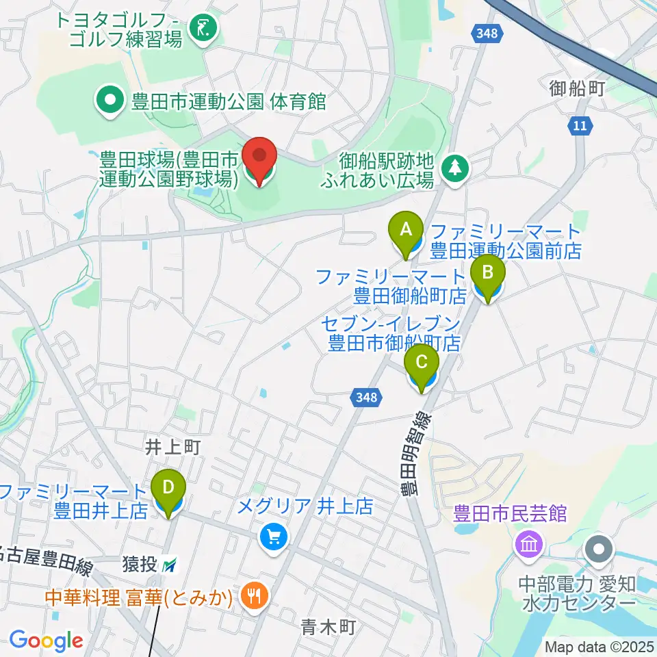 豊田市運動公園野球場周辺のコンビニエンスストア一覧地図