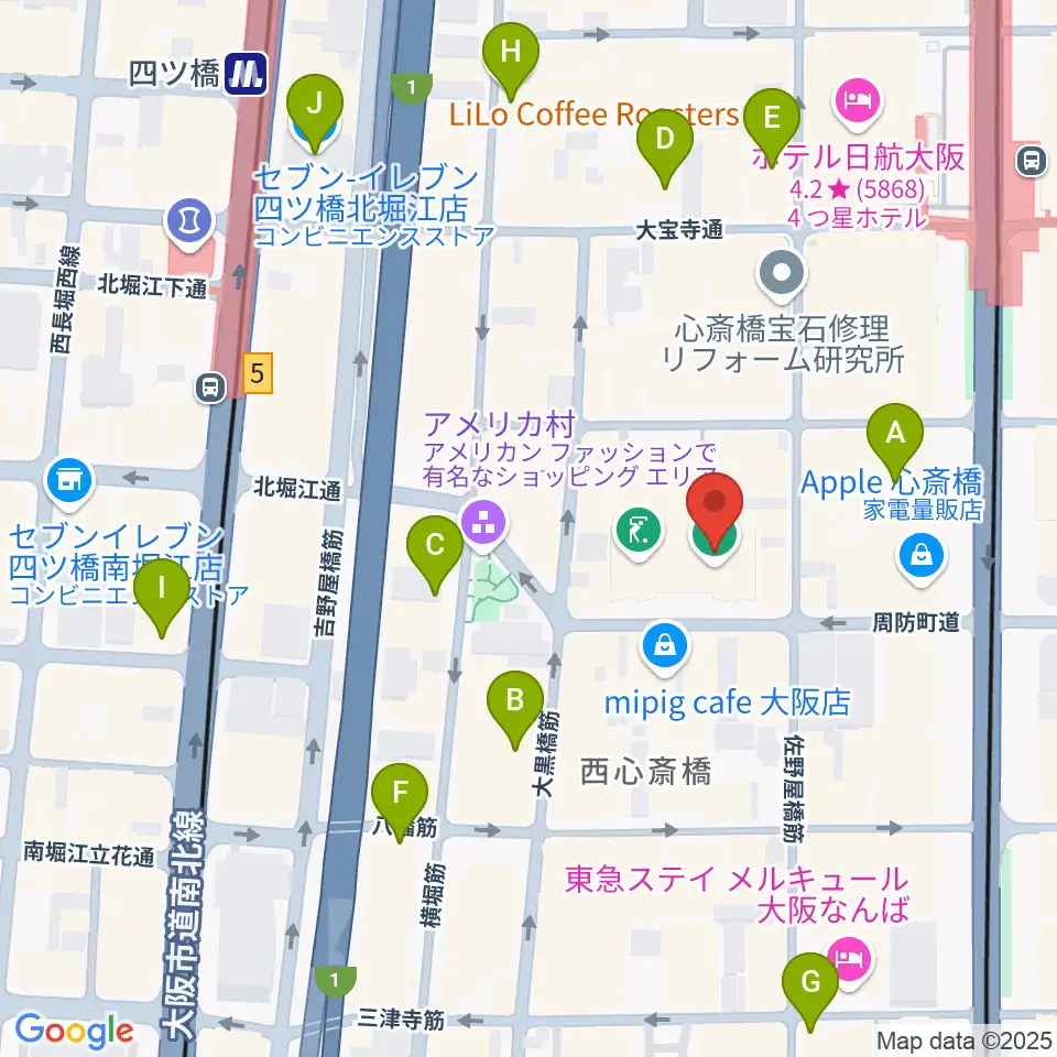 キノシネマ心斎橋周辺のコンビニエンスストア一覧地図