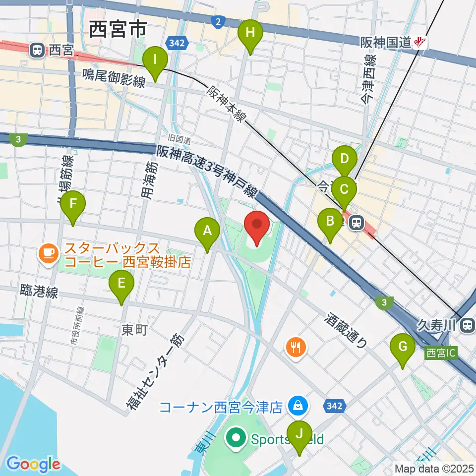 津門中央公園野球場周辺のコンビニエンスストア一覧地図