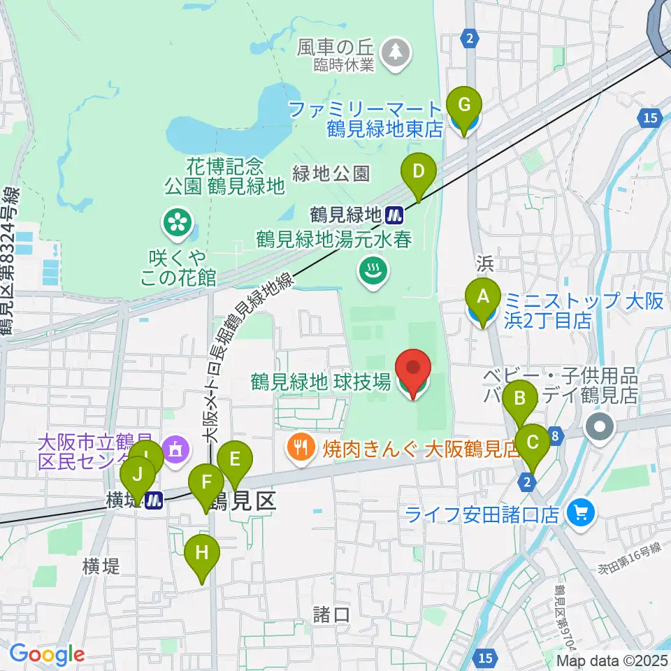 鶴見緑地球技場周辺のコンビニエンスストア一覧地図