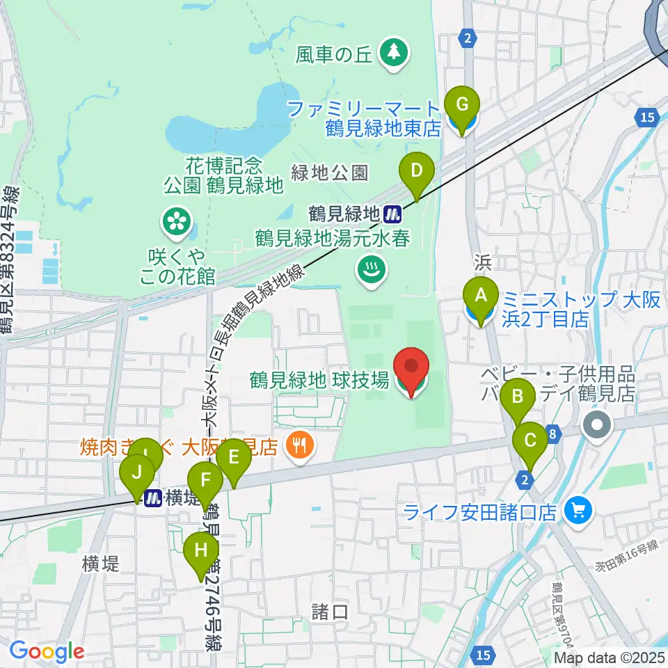 鶴見緑地球技場周辺のコンビニエンスストア一覧地図