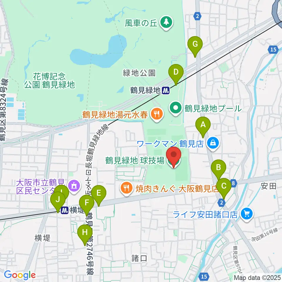 鶴見緑地球技場周辺のコンビニエンスストア一覧地図