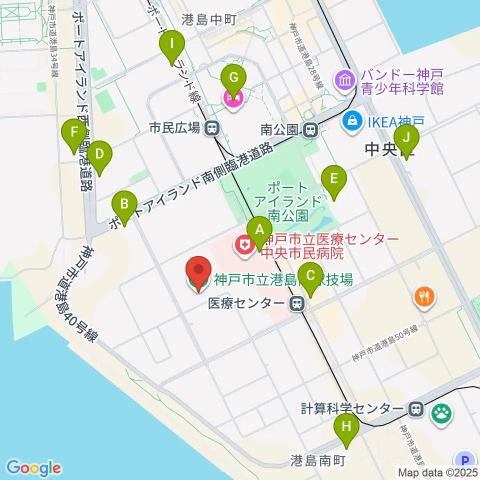 神戸市立港島南球技場周辺のコンビニエンスストア一覧地図