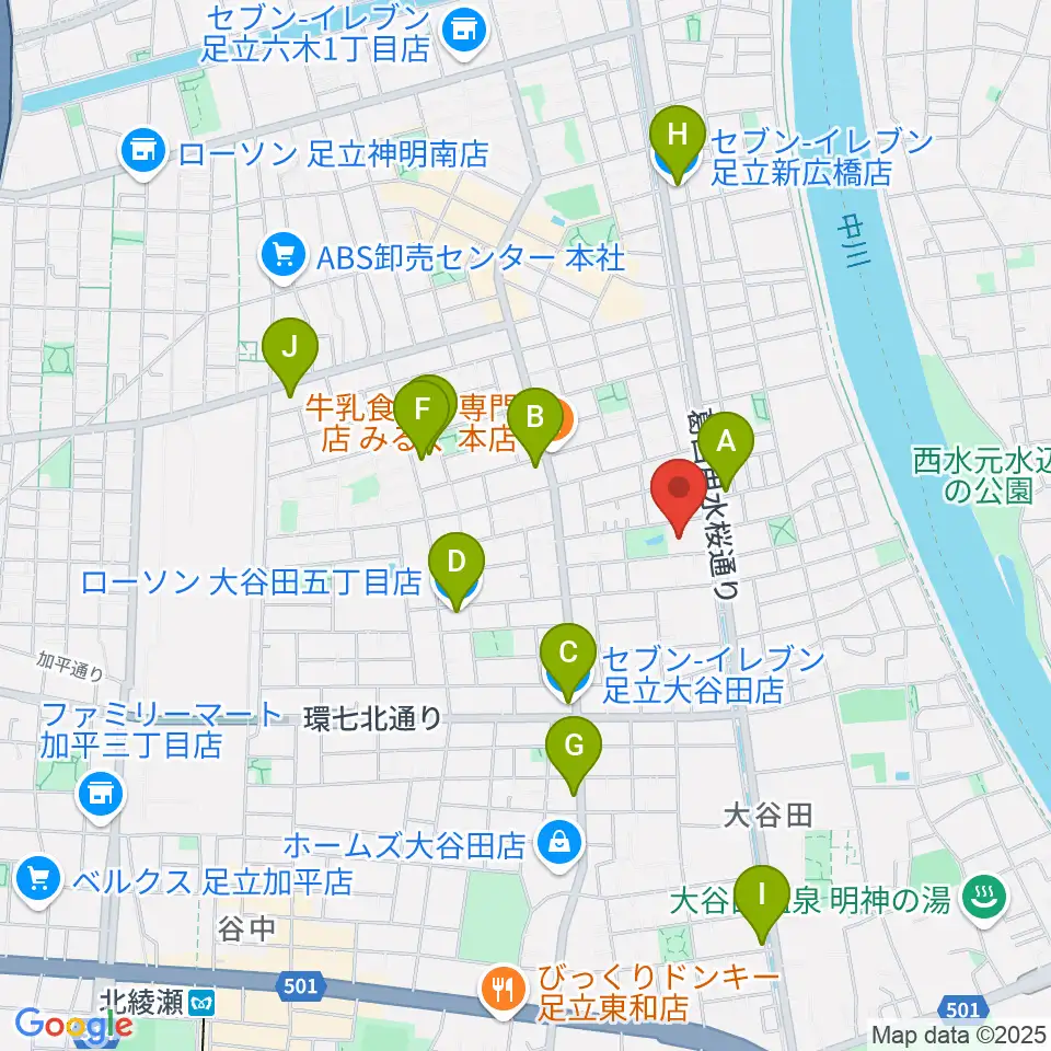 足立区立郷土博物館周辺のコンビニエンスストア一覧地図