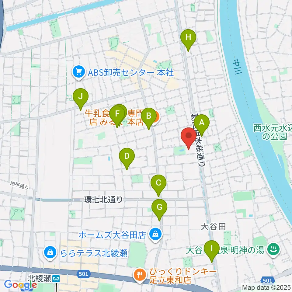 足立区立郷土博物館周辺のコンビニエンスストア一覧地図