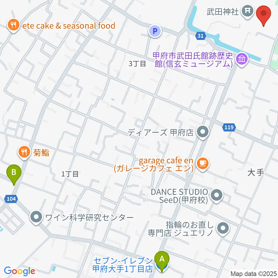 武田神社宝物殿周辺のコンビニエンスストア一覧地図