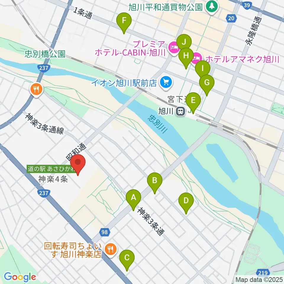 旭川市博物館周辺のコンビニエンスストア一覧地図