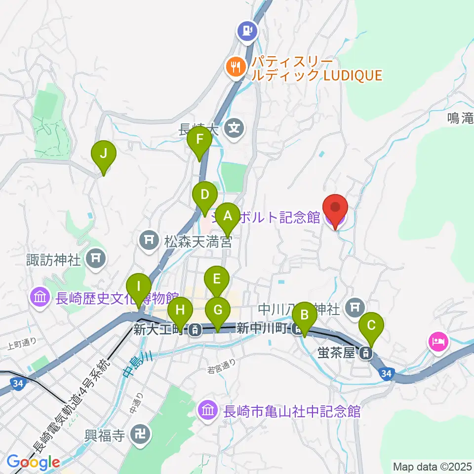 シーボルト記念館周辺のコンビニエンスストア一覧地図