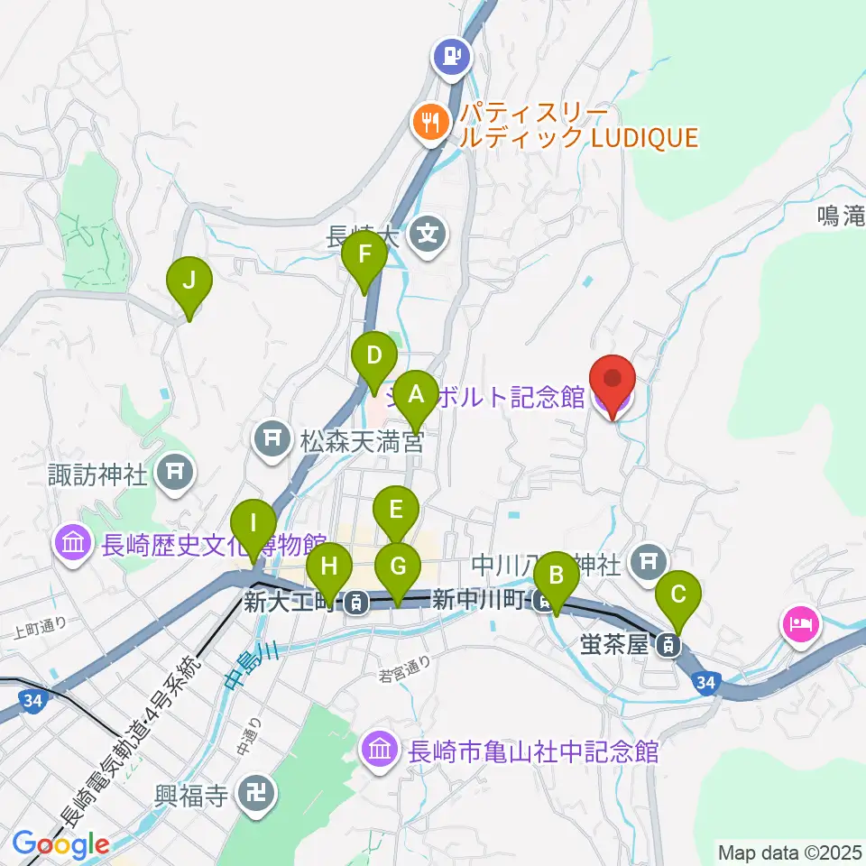 シーボルト記念館周辺のコンビニエンスストア一覧地図