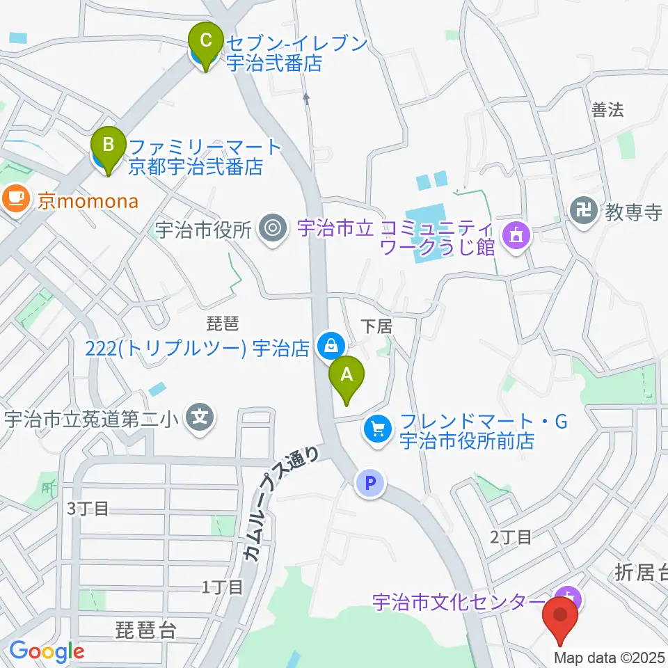 宇治市歴史資料館周辺のコンビニエンスストア一覧地図