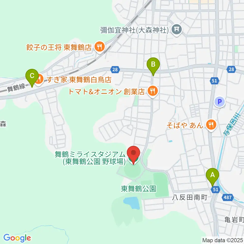 舞鶴ミライスタジアム周辺のコンビニエンスストア一覧地図