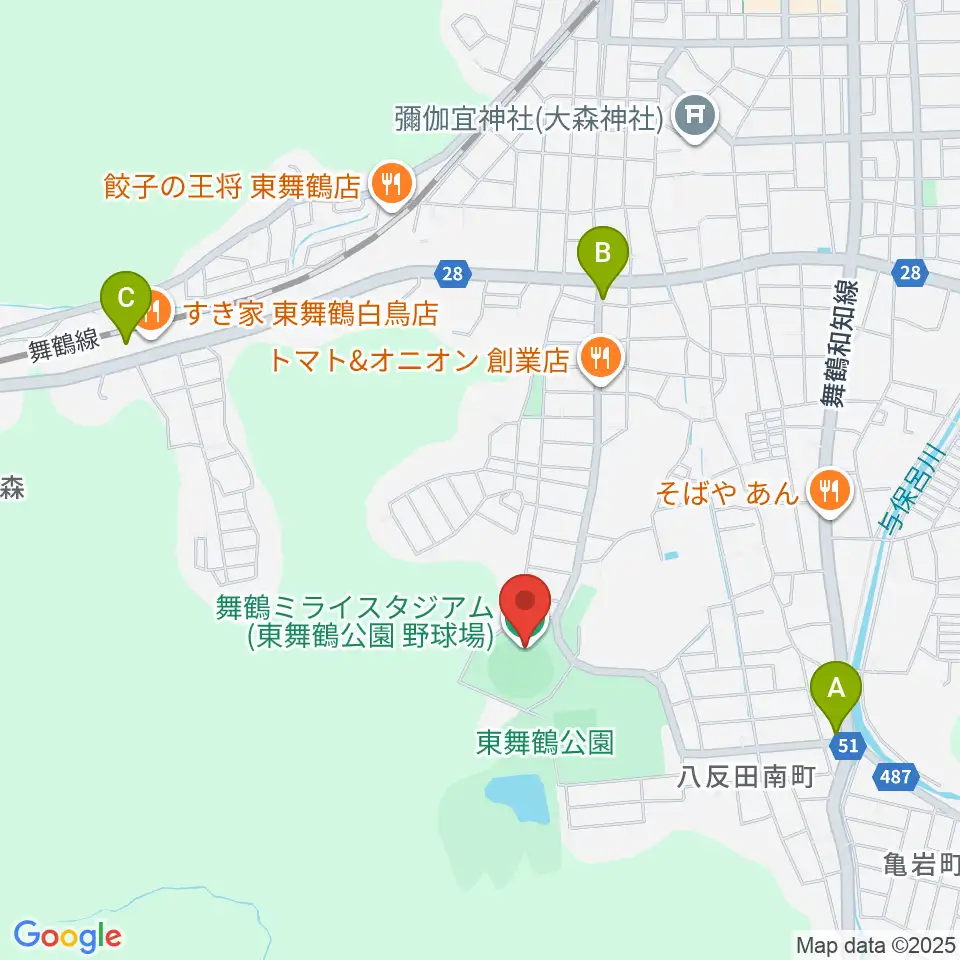 舞鶴ミライスタジアム周辺のコンビニエンスストア一覧地図