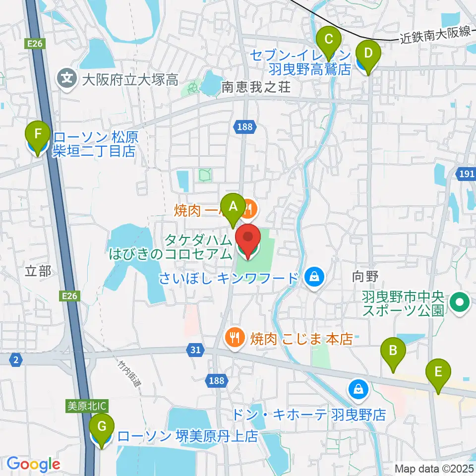 タケダハムはびきのコロセアム周辺のコンビニエンスストア一覧地図