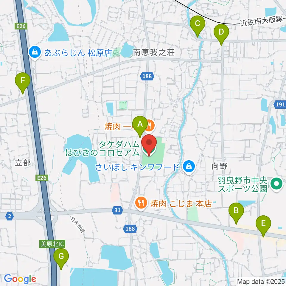 タケダハムはびきのコロセアム周辺のコンビニエンスストア一覧地図