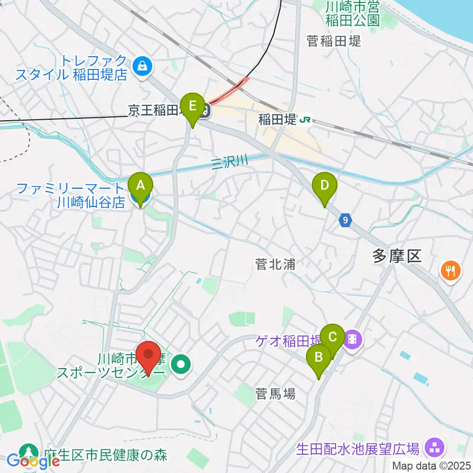 川崎市多摩スポーツセンター野球場周辺のコンビニエンスストア一覧地図