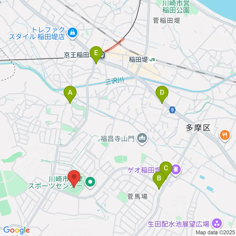 川崎市多摩スポーツセンター野球場周辺のコンビニエンスストア一覧地図