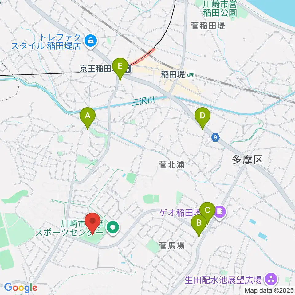 川崎市多摩スポーツセンター野球場周辺のコンビニエンスストア一覧地図