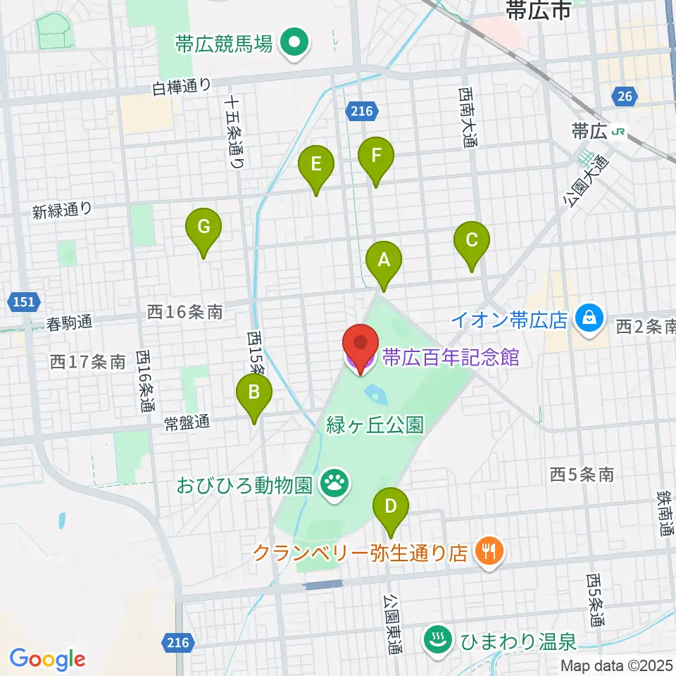 帯広百年記念館周辺のコンビニエンスストア一覧地図