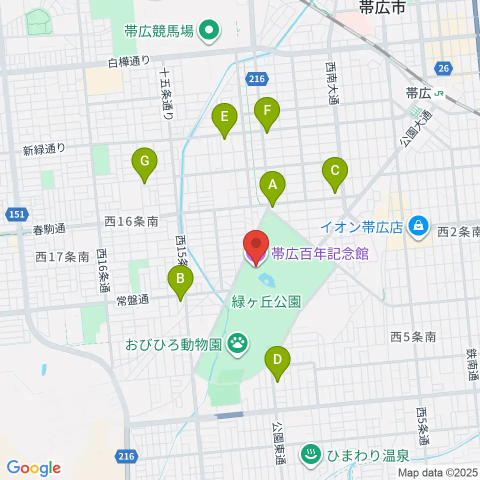 帯広百年記念館周辺のコンビニエンスストア一覧地図