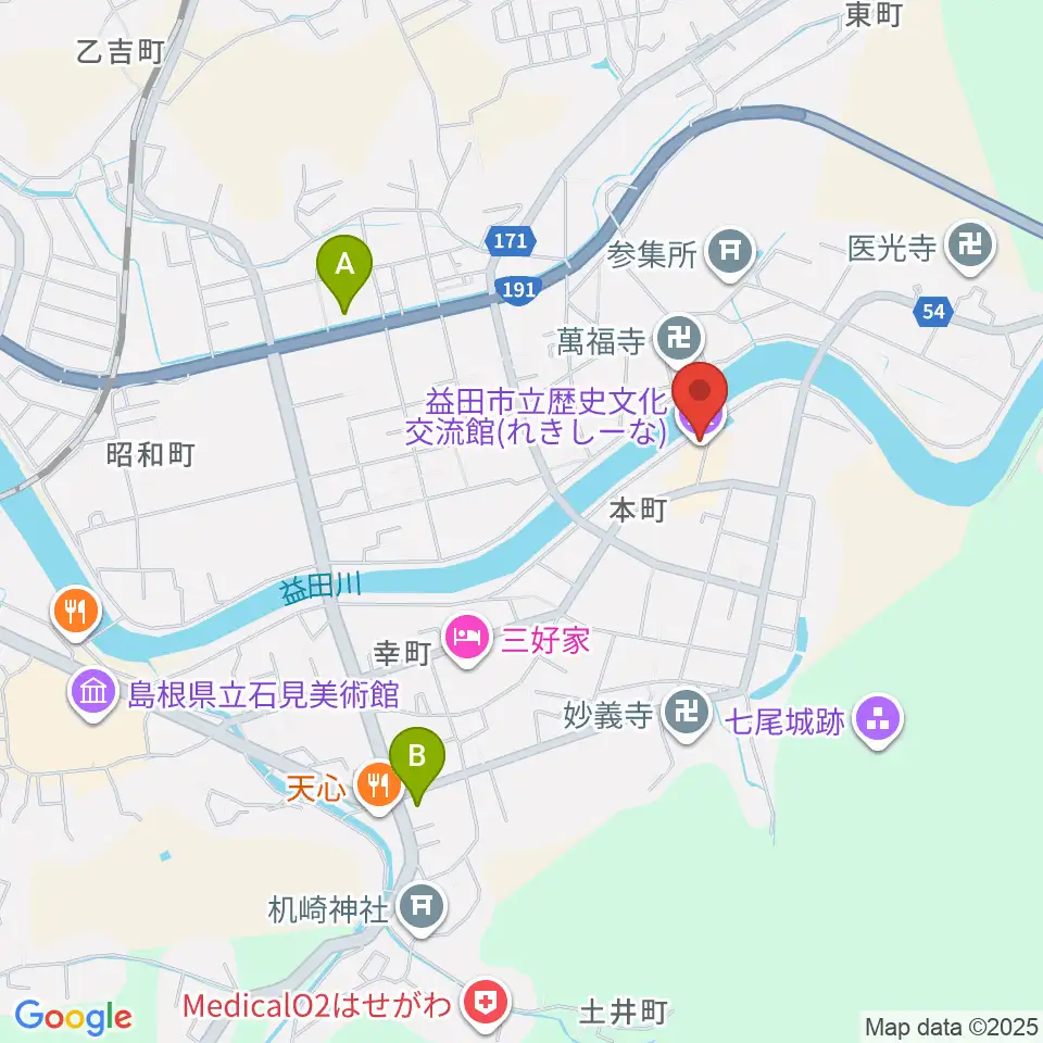 益田市立歴史文化交流館れきしーな周辺のコンビニエンスストア一覧地図