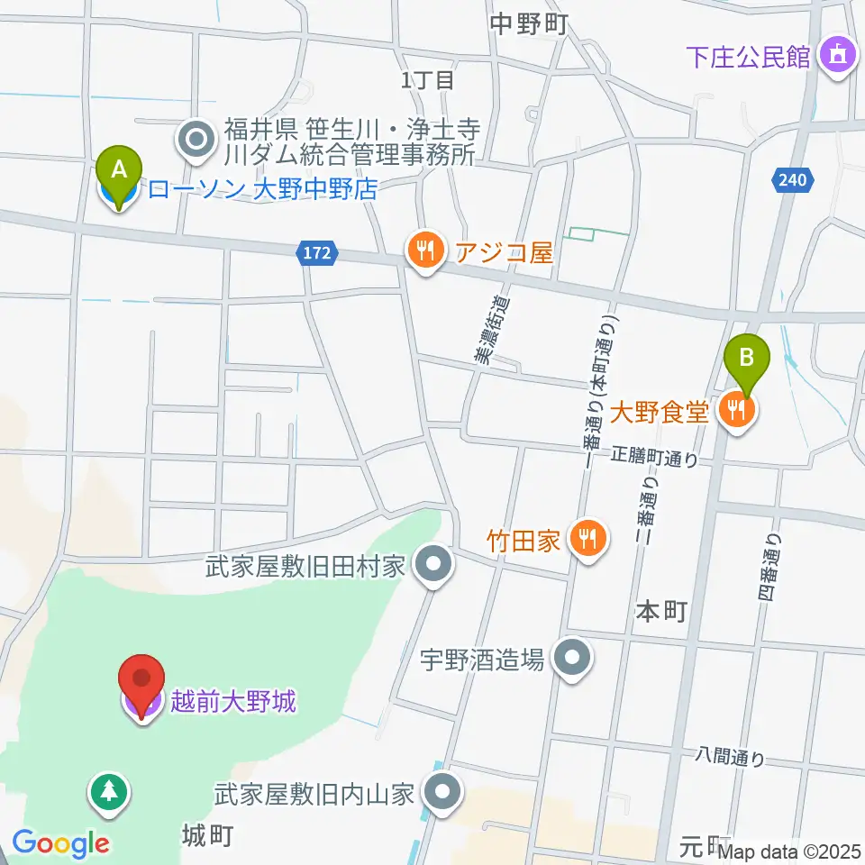 越前大野城周辺のコンビニエンスストア一覧地図
