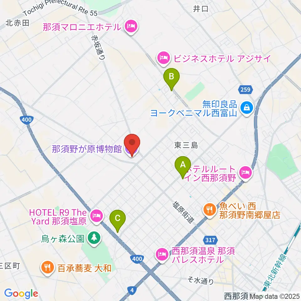 那須塩原市那須野が原博物館周辺のコンビニエンスストア一覧地図