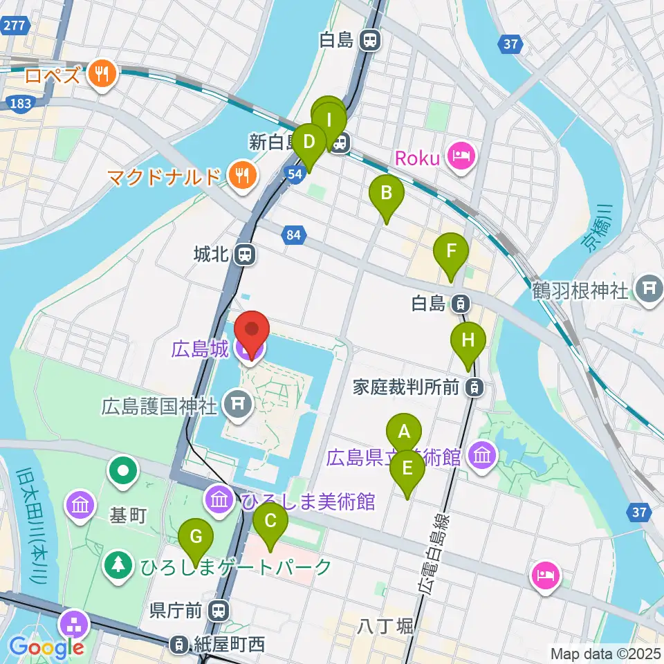 広島城天守周辺のコンビニエンスストア一覧地図